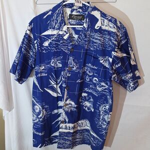 Favant 100% Cotton Hawaiian Shirt Island Map Floral Blue White Men's Size L